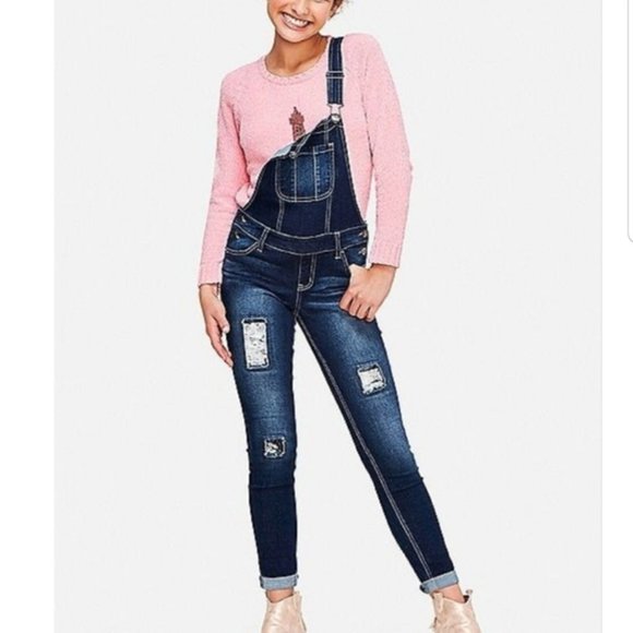 Justice Flip Sequin Distressed Cuff Ankle Overalls Size Girl's 10 - Picture 1 of 14